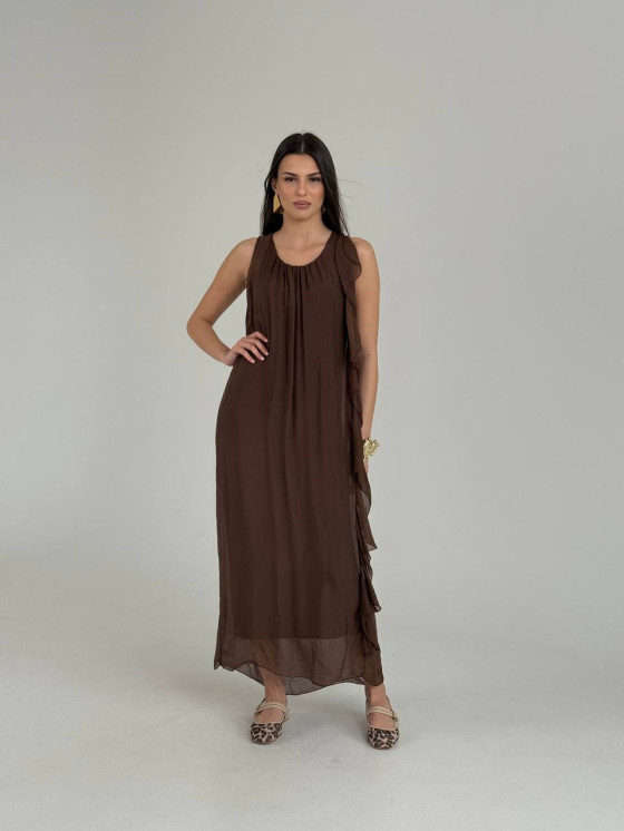 Silk Maxi Dress with Side Ruffle