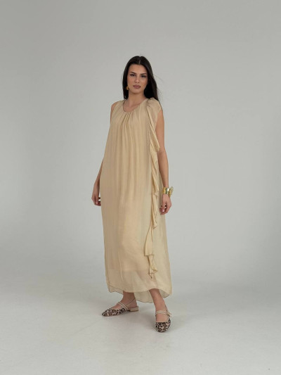 Silk Maxi Dress with Side Ruffle