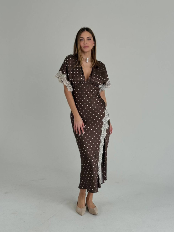 Abito lingerie a pois con inserti in...