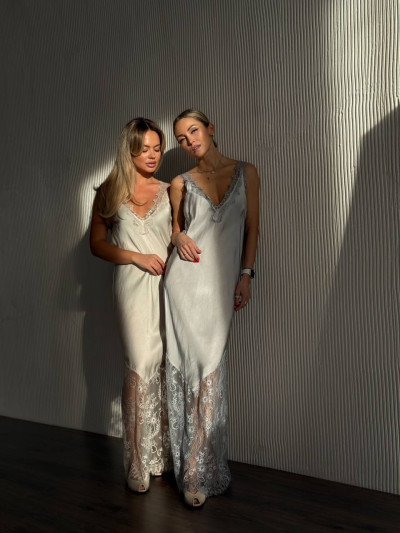 Long dress with lace inserts