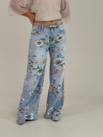 Jeans floreali a gamba ampia