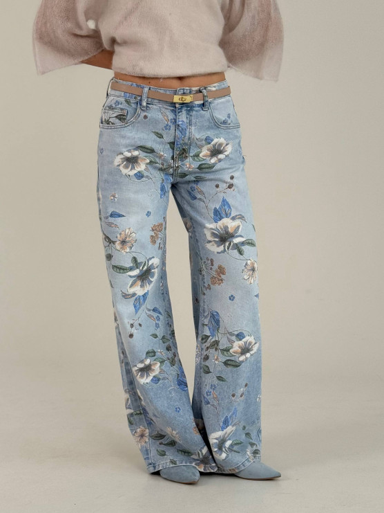 Jeans floreali a gamba ampia