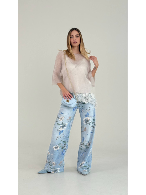 Jeans floreali a gamba ampia