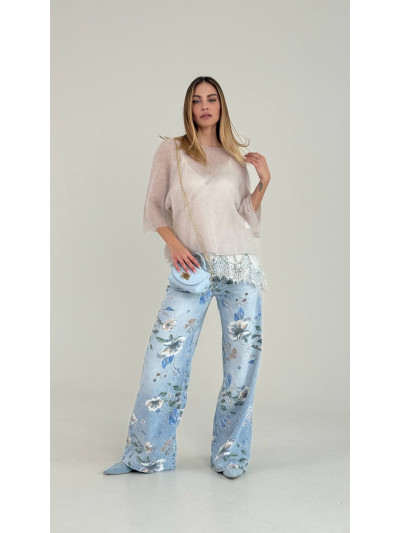 Jeans floreali a gamba ampia