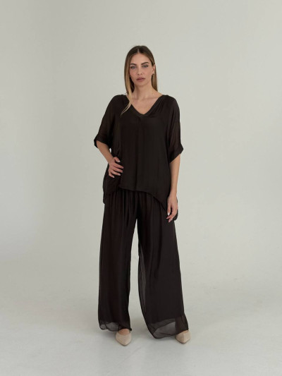 Flowing silk blend V-neck blouse