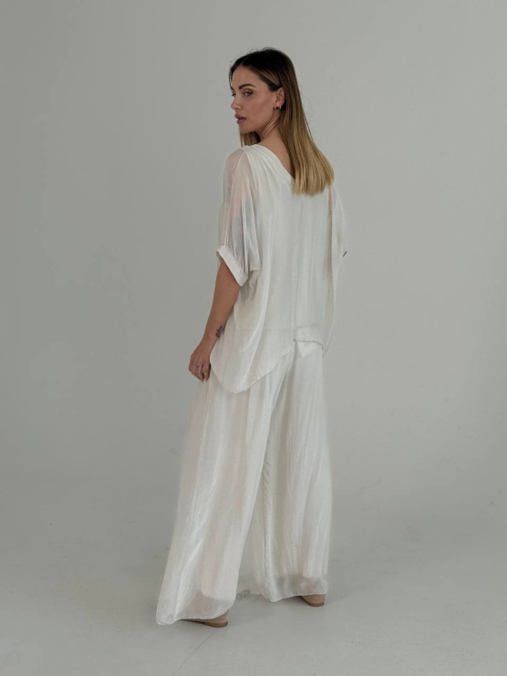 Flowing silk blend V-neck blouse