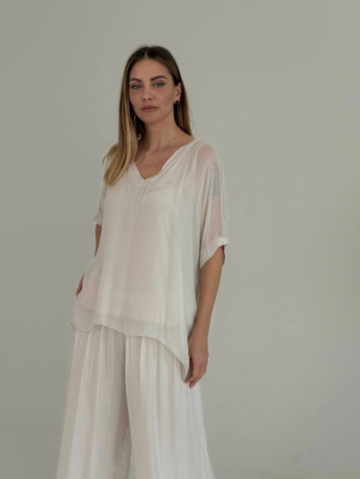 Flowing silk blend V-neck blouse