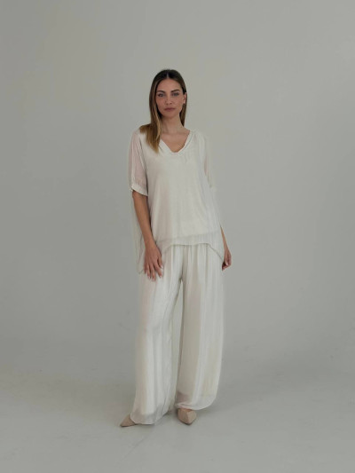 Flowing silk blend V-neck blouse