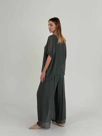 Flowing silk blend V-neck blouse