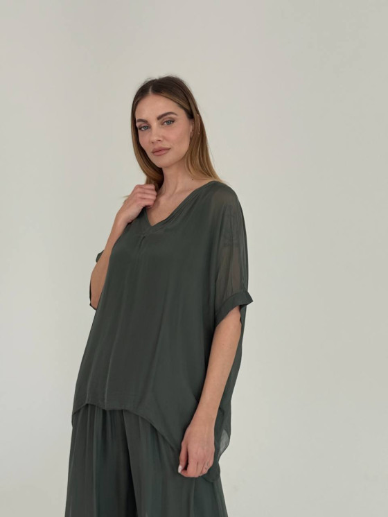 Flowing silk blend V-neck blouse
