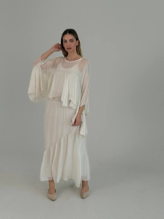 Flowing silk blend blouse with ruffle