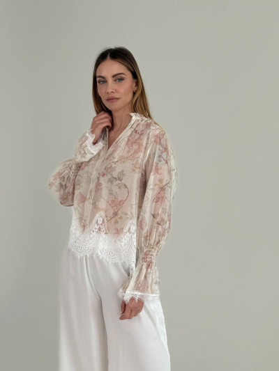 Blusa fluida stampa floreale con pizzo