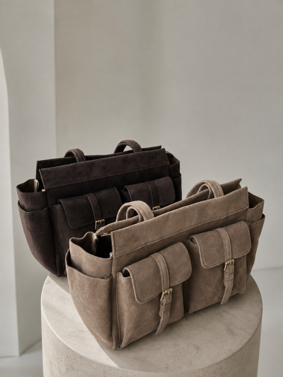 Borsa shopper effetto scamosciato con tasche frontali