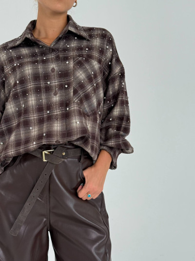 Camicia oversize a quadri con strass