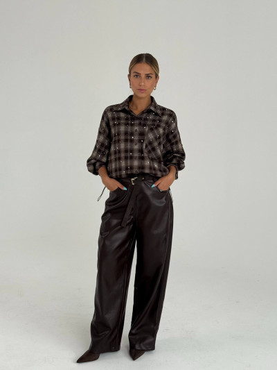 Camicia oversize a quadri con strass