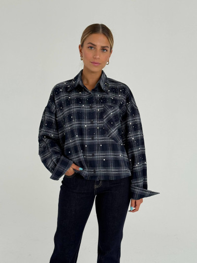Camicia oversize a quadri con strass