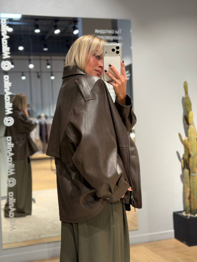 Oversized faux leather jacket with drawstring