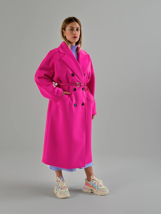 Long oversized double-breasted single-color coat with...